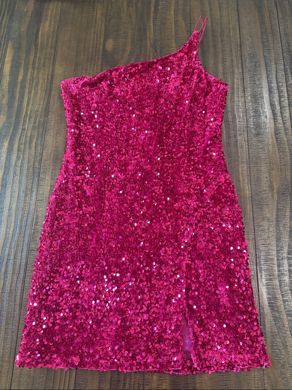 Sequined One-Shoulder Party Dress - Hot Pink